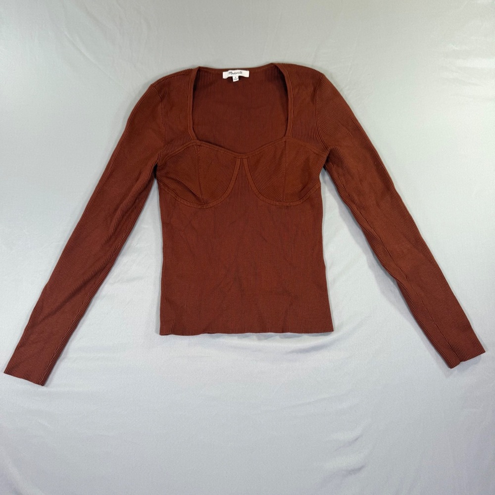 Madewell Ribbed Shirt Rust Orange Square Neck M Y2K Fall Balletcore Coquette 90s